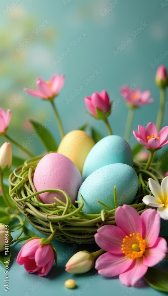 Pastel eggs nestled amongst vibrant spring blooms , springtime, floral Pastel eggs nestled amongst vibrant spring blooms , springtime, floral