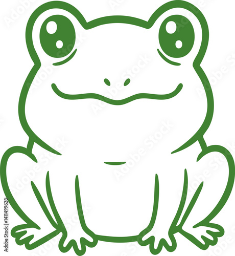 Adorable green frog cartoon illustration featuring a simple outline and happy expression; it's great for children's themes and nature projects.