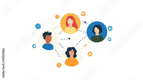 Connected Diverse People in Social Network - Flat Design Illustration of Virtual Communication, Collaboration, Community Engagement, Digital Interaction