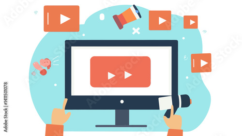 Online Video Marketing Concept with Content Creation, Digital Advertising, and Social Media Promotion - Flat Vector Illustration