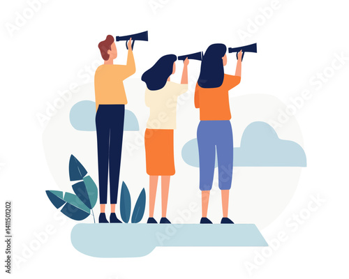 Business Exploration Team with Binoculars and Telescope Searching for New Career Opportunities and Future Prospects - Flat Minimalist Vector Illustration