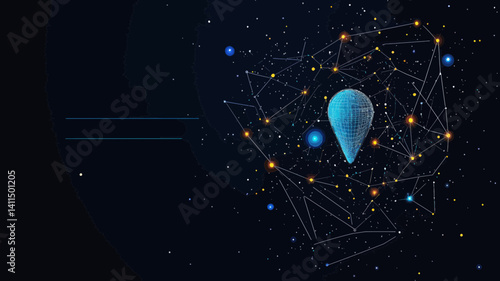 Abstract Wireframe Space Concept with Starry Sky and Pin Shape, Vector SVG Universe with Points and Lines Representing Planets and Stars, Minimalist Design for Tech and Sci-Fi Themes