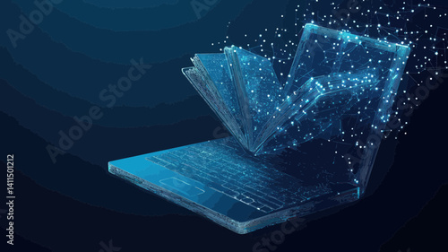 Digital Learning Concept: Low Poly Laptop and Open Book Vector Illustration Representing Online Education and Modern Information Source