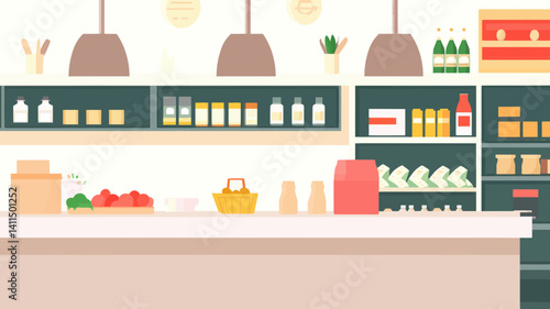 Colorful Vector Illustration of a Modern Market Shop Interior with Shelves and Products for Retail, Perfect for Business and Commercial Use