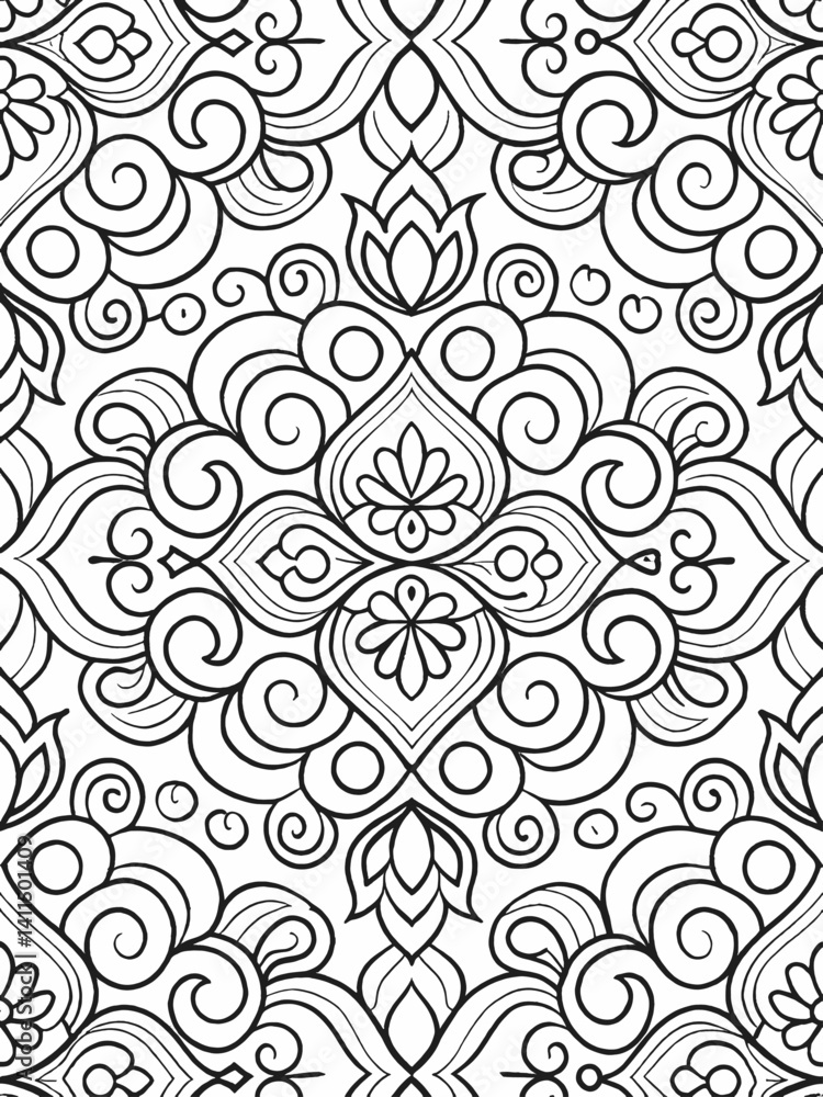 This seamless black and white pattern features elaborate, flowing floral and organic shapes. This seamless black and white pattern features elaborate, flowing floral and organic shapes.