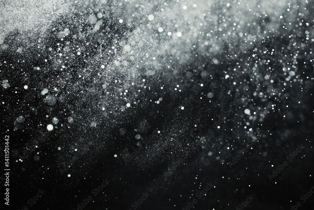 Abstract black and white image showcasing a dynamic dispersion of particles in motion