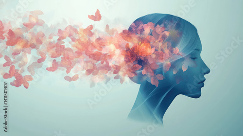 A silhouette of a woman's profile with butterflies emerging from her head, symbolizing creativity.