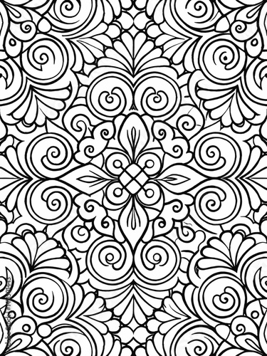 A detailed, symmetrical mandala pattern featuring intricate floral and swirling designs.