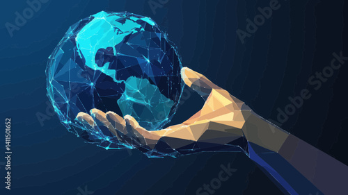 Low Poly Hand Holding Earth Vector Illustration - Minimalist Geometric Style Depicting Global Connectivity, Nature Conservation, and Environmental Care
