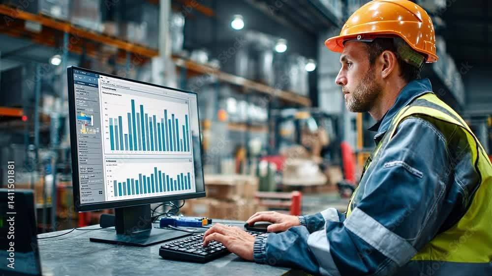 Focused Tech: A warehouse worker, immersed in his tech workstation, diligently monitors the flow and data analytics on screen within a high-tech logistical environment. Focused Tech: A warehouse worker, immersed in his tech workstation, diligently monitors the flow and data analytics on screen within a high-tech logistical environment.