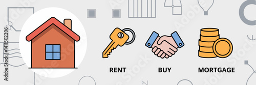Modern real estate icons with house, rent, buy, and mortgage symbols – Ideal for real estate businesses, property marketing, or homeownership promotion.