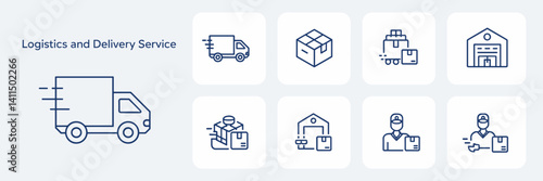 Logistics and delivery service icon set with truck and courier symbols – Great for delivery services, logistics businesses, or e-commerce branding.
