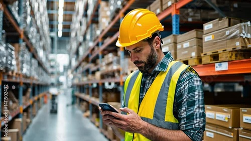 Warehouse Efficiency: An industrial worker meticulously inspects inventory, utilizing a mobile device amidst a bustling warehouse environment, embodying precision and modern logistics.