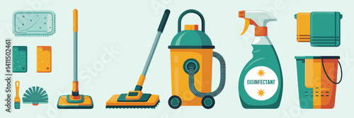 Cleaning and housekeeping icons set with mop, vacuum cleaner, and disinfectant – Ideal for cleaning brands or housekeeping materials.