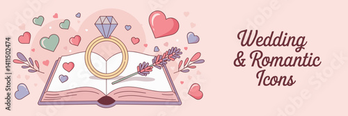 Romantic wedding icons with golden ring and lavender on vintage book – Ideal for wedding planning, romantic events, or love-themed promotions.