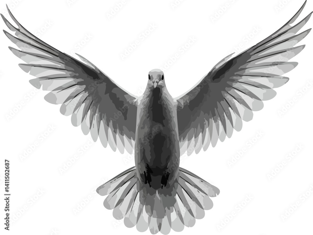 Fototapeta premium Elegant dove spreading its wings in grayscale tones against a plain white backdrop This vector art is ideal for symbolic or artistic projects.