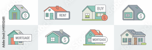Real estate icon set featuring house, dollar sign, and mortgage symbols – Ideal for property marketing, real estate agencies, or finance-related branding.