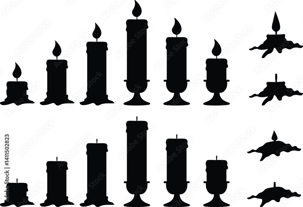 Silhouette Collection of Lit and Unlit Candles in Various Shapes. Silhouette Collection of Lit and Unlit Candles in Various Shapes.