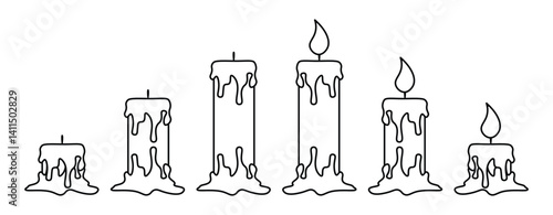Collection of Line Art, Lit and Unlit Candles in Various Shapes.