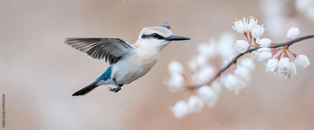 Fototapeta premium Flying bird amidst spring blossoms