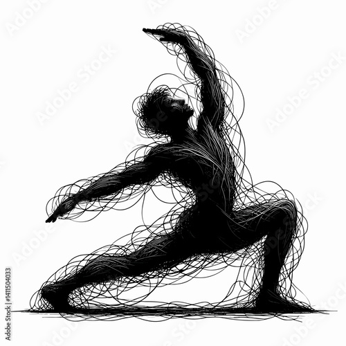 Abstract warrior pose silhouette in flowing lines on white background  