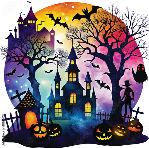 A spooky Halloween night illustration features a haunted house and castle silhouettes under a dark, moonlit sky with bats and scary trees.
