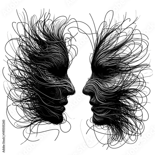 Abstract faces merging with flowing lines in black and white  