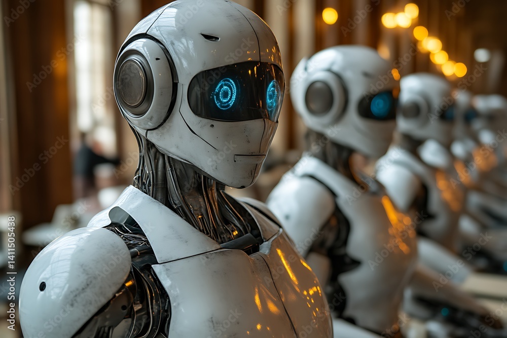 Row of humanoid robots with glowing eyes. Row of humanoid robots with glowing eyes.