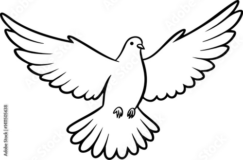 Simple black and white line drawing of a flying dove with its wings spread ready for various creative designs and projects.