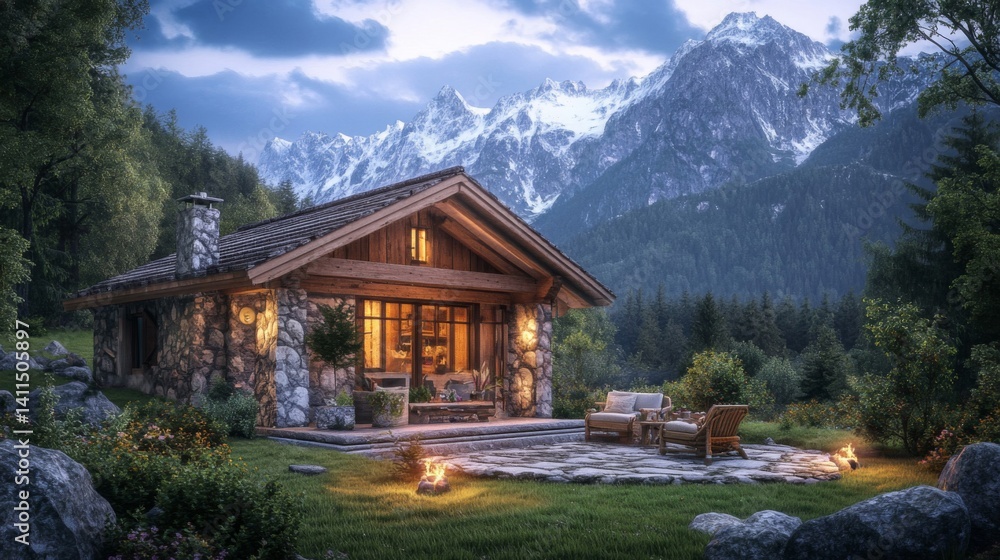 Fototapeta premium Cozy Stone Cabin nestled in the Mountains at Sunset