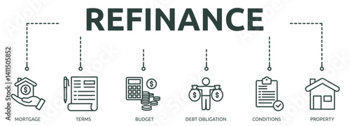 refinance outline banner icon of mortgage, terms, budget, debt obligation, conditions, property