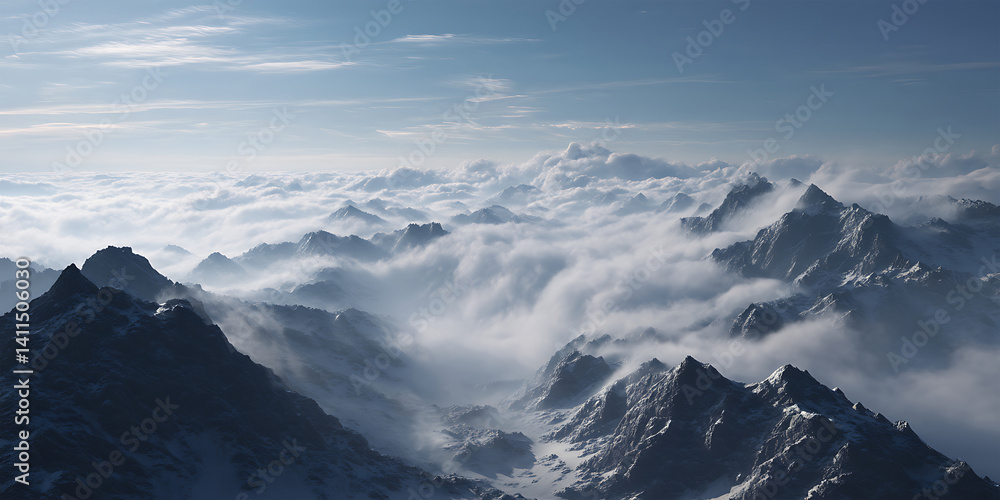 Obraz premium 4K Dense Fog Rolling Over Misty Mountains Wallpaper Background for Atmospheric Design, Mysterious Themes, or Nature Presentations