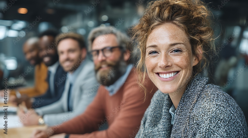 Confident Freckled Woman Smiling with Diverse Team Colleagues in Modern Office Confident Freckled Woman Smiling with Diverse Team Colleagues in Modern Office