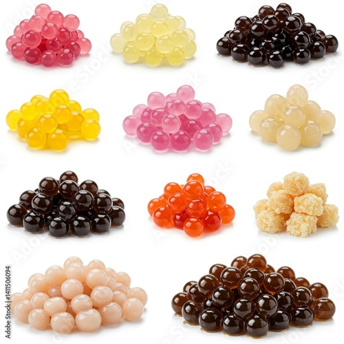 Different boba pearls isolated on white background