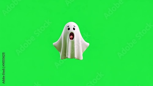 Screaming Ghost on Green Screen: A cute, cartoonish ghost with a surprised expression floats against a vibrant green screen, perfect for Halloween or spooky projects.