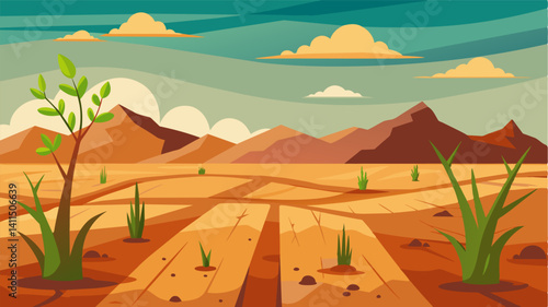 The barren land is a grim reminder of the failed agricultural practices that have left the ground depleted and devoid of any signs of life with crops struggling and failing to take. Vector