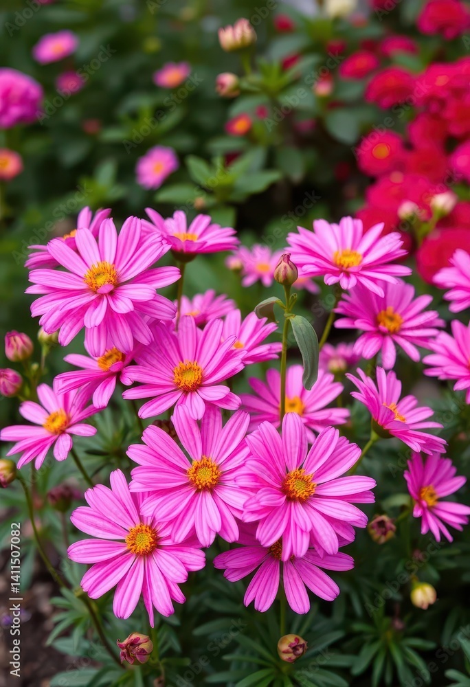 Vibrant pink chrysanthemum blossoms in full bloom, garden setting, blooming, pink, colorful Vibrant pink chrysanthemum blossoms in full bloom, garden setting, blooming, pink, colorful