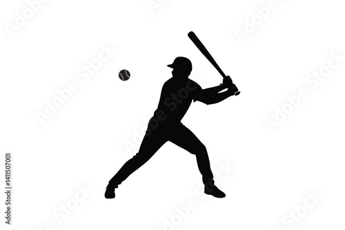 Silhouette drawing of a baseball player swinging a bat with full force.eps