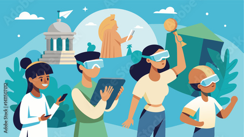 A group of students use augmented reality technology to explore ancient civilizations virtually bringing history to life.. Vector illustration