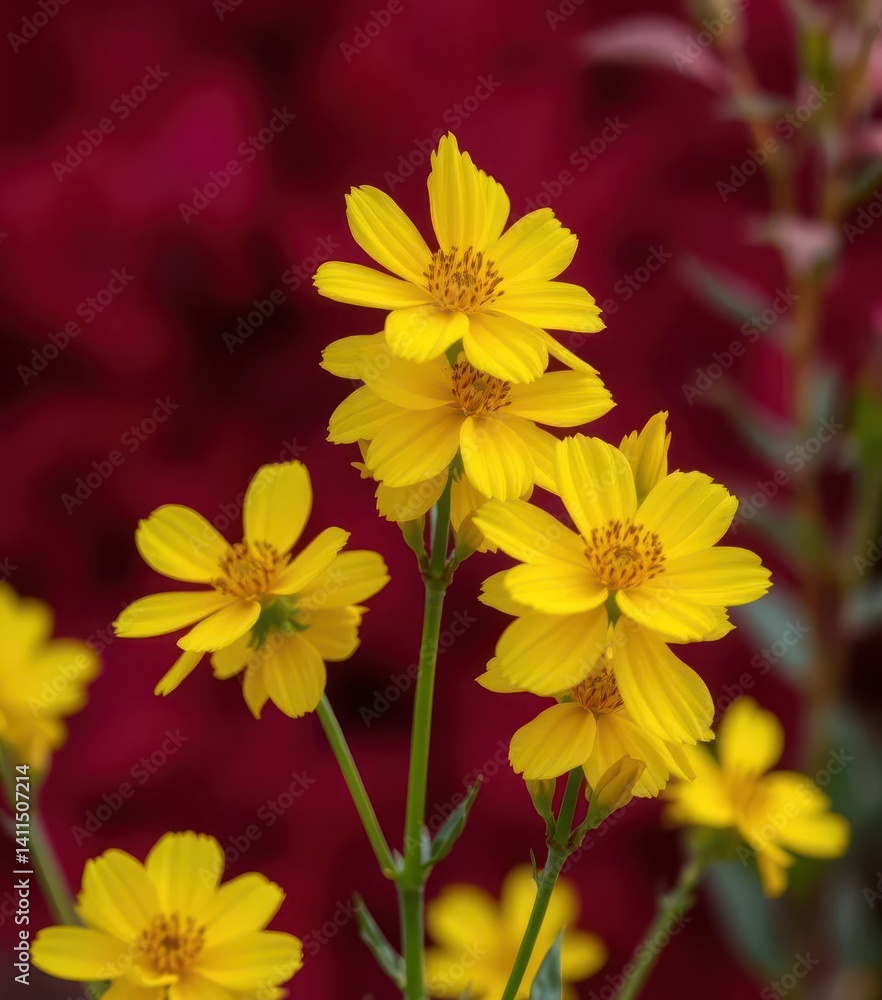 Obraz premium Vibrant yellow flower blossoms stand out sharply against a rich crimson backdrop, flower, bright yellow, color
