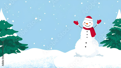 Snowy winter scene with snowman, mittens, pine trees, and kids making snow angels