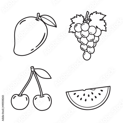 set of fruits Fruit icon vector coloring page bold black line art Silhouette 
