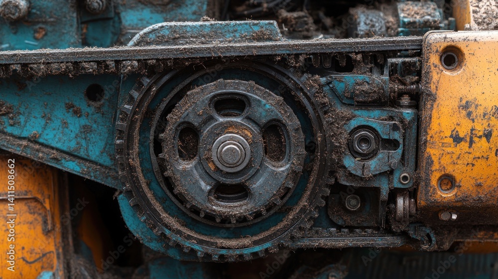Close-up of a dirty industrial machine gear mechanism Close-up of a dirty industrial machine gear mechanism