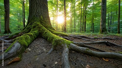 Majestic tree roots covered in moss, illuminated by sunlight in a serene forest setting