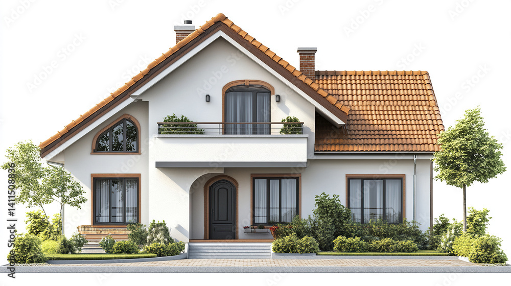 Charming house with red roof and lush greenery on white background Charming house with red roof and lush greenery on white background