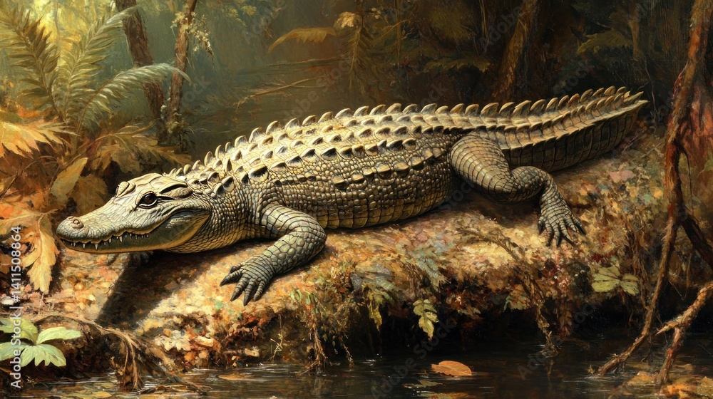 Gator resting on rock in a lush jungle Gator resting on rock in a lush jungle