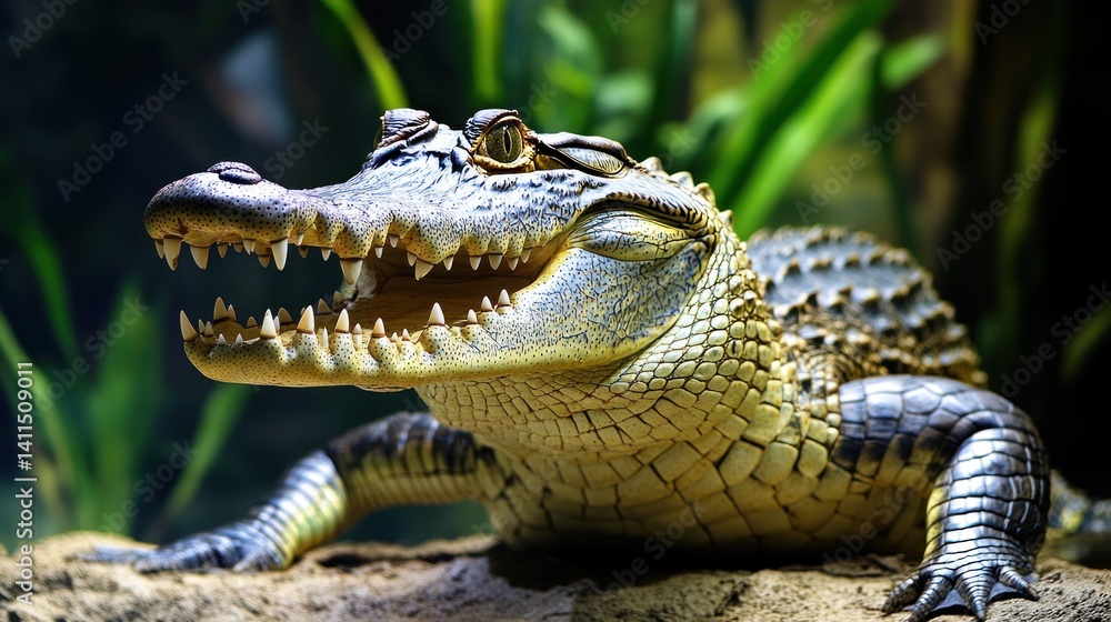 Fototapeta premium Young crocodile open mouth, zoo enclosure, vegetation background. Possible educational use