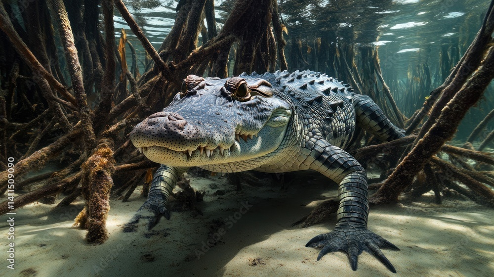 Obraz premium Underwater mangrove crocodile, snorkel, hidden in roots, sunlit shallows