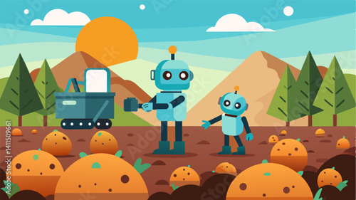 In a potato field a swarm of mini robots moves in unison digging up potatoes and using machine learning algorithms to sort them by size and quality.. Vector illustration