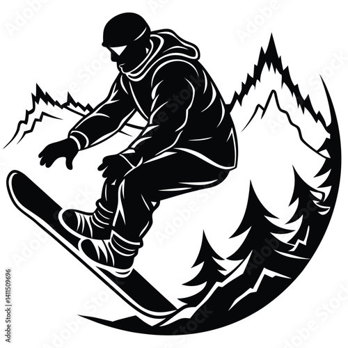 Isolated Snowboarder Silhouette Jumping Over Mountain & Trees In Black and White Art